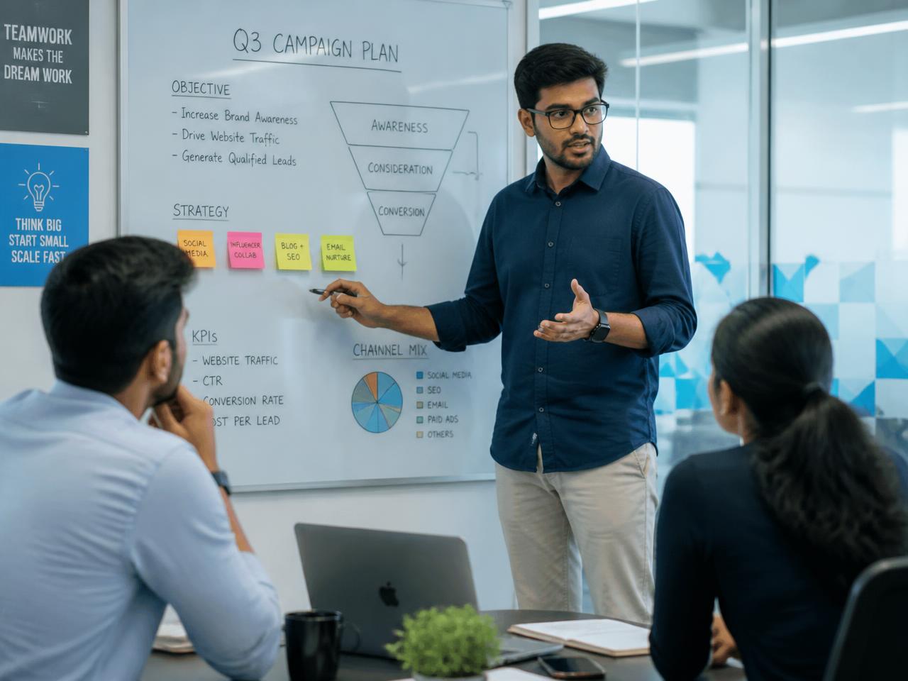 Every campaign starts on the board — objective, funnel, channel mix.